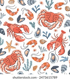 Sea food seamless pattern. Crab, mussels, crayfish and seaweed in hand-drawn style. Asian sea food repeat pattern design. Underwater inhabitants