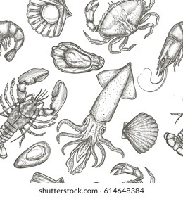 Sea food seamless pattern with hand drawn vector illustrations in detailed sketchy engraving style. Vintage design for textile, paper, background. Lobster, mussel, oyster, shrimp, crab, squid.