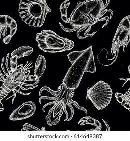 Sea food seamless pattern with hand drawn vector illustrations in detailed sketchy engraving style. Vintage design for textile, paper, background. Lobster, mussel, oyster, shrimp, crab, squid.