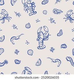 Sea food seamless pattern. Lobster, crab, shrimp and squid hand drawn illustration. Design for branding, restaurant and menu. Ocean and sea delicacy. 