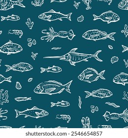 Padrão sem emenda da comida do mar. Ilustração desenhada à mão de lagosta, caranguejo, camarão e lula. Papel de parede delicadeza do oceano. Design azul e branco para marca, restaurante e menu. 