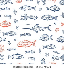 Padrão sem emenda da comida do mar. Ilustração desenhada à mão de lagosta, caranguejo, camarão e lula. Design para marca, restaurante e menu. Oceano e mar delicadeza em fundo branco. 