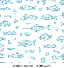 Sea food seamless pattern. Lobster, crab, shrimp and squid hand drawn illustration. Ocean delicacy wallpaper. Blue white design for branding, restaurant and menu.