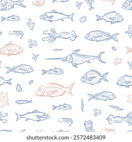 Sea food seamless pattern. Lobster, crab, shrimp and squid hand drawn illustration. Design for branding, restaurant and menu. 