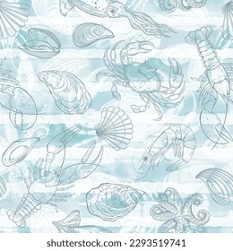 Sea food. Seamless vector pattern on blue watercolor background.  Templates for menu design, packaging, restaurants and catering. Hand drawn images. Perfect for wallpaper, wrapping, fabric and textile