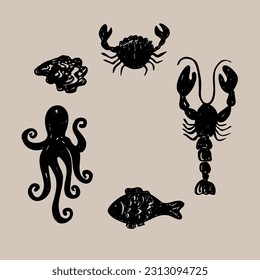 Sea food set with  crab, lobster, fish, squid. Ink sea mollusk spots, vector illustration, grunge style. Design element with texture, abstract image for template, flyer, packaging ,menu, card