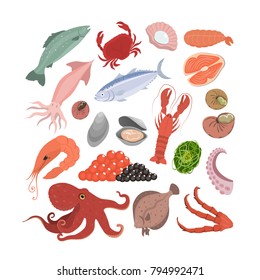 Sea food set. Fish and crab, shrimps and octopus.