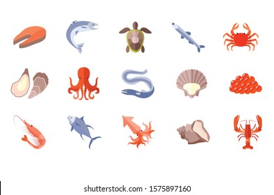 Sea food set fish prawn squid turtle oyester vector illustration