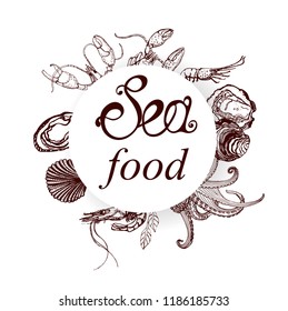 sea food, set, hand drawing vector, isolated on white background, brown outline