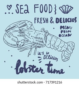 Sea Food Set With Hand Drawn Lobster And Lettering