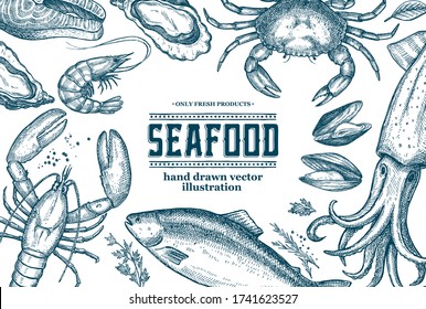 Sea food. A set of illustrations for the design of the menu of restaurants, and shop windows of fish shops.