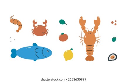 Comida marinha definida com lagosta, caranguejo, camarão, mexilhões, peixe. Ilustração de vetor de desenho animado plano isolado no fundo branco.