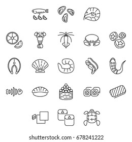 Sea food. Set of outline icons. Isolated. Vector.