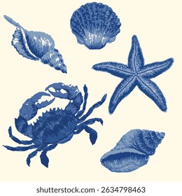 sea food sea shell crab star summer vibe vector illustration brush effect print blue background embroidery cute sea 