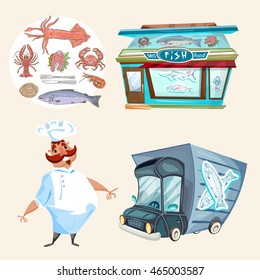 Sea Food Shop Fresh Fish Cook Delivery Truck Vector Set 