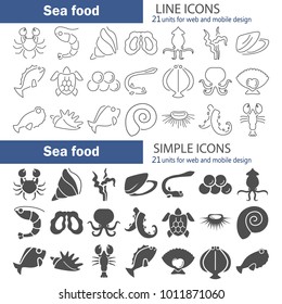 Sea food simple and line icons set for web and mobile design