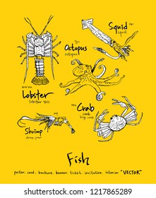 Sea food sketch / Hand drawn food ingredients - vector