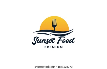 sea food sunset with fork or spoon restaurant logo vector icon illustration 