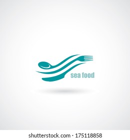 Sea food symbol with spoon, fork and knife - vector illustration