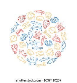 Sea Food Thin Line Round Design Template for Menu of Cafes and Restaurants Symbol Gourmet Healthy Food. Vector illustration of Seafood