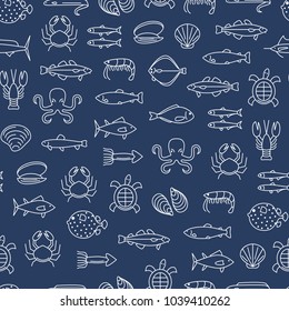 Sea Food Thin Line Seamless Pattern Background for Menu of Cafes and Restaurants Symbol Gourmet Healthy Food. Vector illustration of Seafood