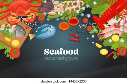 Sea food top view background. Fish restaurant seafood dishes food cooked a beautiful gourmet dinner background. Restaurant menu vector isolated