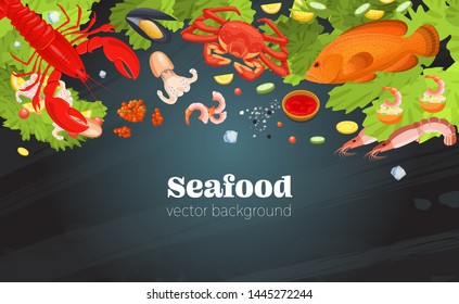 Sea food top view background. Fish restaurant seafood dishes food cooked a beautiful gourmet dinner background. Restaurant menu vector isolated