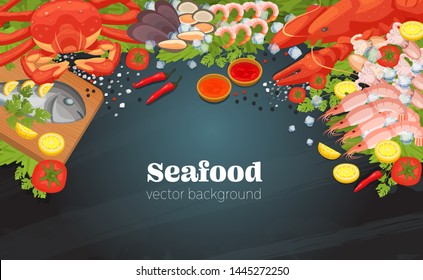 Sea food top view background. Fish restaurant seafood dishes food cooked a beautiful gourmet dinner background. Restaurant menu vector isolated