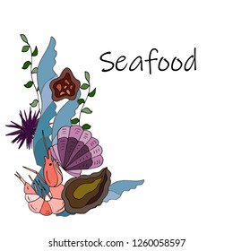 Sea food top view illustration. Fish restaurant table background. Engraved style illustration.  Vector illustration
