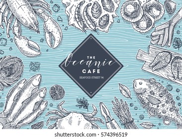 Sea food top view illustration. Fish restaurant table background. Engraved style illustration. Hero image. Vector illustration