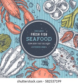 Sea food top view illustration. Fish restaurant table background. Engraved style illustration. Hero image. Vector illustration