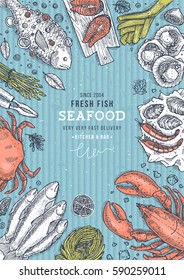 Sea Food Top View Illustration. Fish Restaurant Table Background. Engraved Style Illustration. Hero Image. Vector Illustration