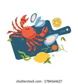 Sea food top view on cutting board. Fish restaurant seafood dishes food cooked from crab meat,oysters, octopus tentacles and lemon. Marine cafe seafood menu vector isolated illustration