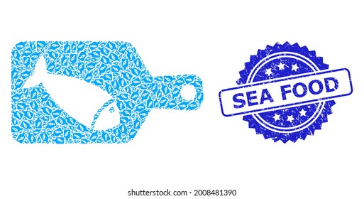 Sea Food unclean stamp seal and vector recursive collage fish cutting board. Blue stamp seal has Sea Food caption inside rosette.