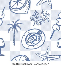 Sea food vacation seamless checkered pattern. Wine, fish, palm tree and corals hand drawn illustration. Design for textile, paper wrap restaurant and menu