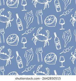 Sea food vacation seamless pattern. Wine, crab, seashells and lemon hand drawn illustration. Design for textile, paper wrap restaurant and menu