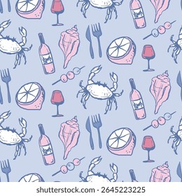 Padrão sem emenda de férias de comida do mar. Ilustração desenhada à mão de vinho, caranguejo, conchas e limão. Design para têxteis, restaurante de papel e menu. Delícia oceânica e marinha