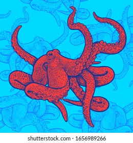 Sea food vector art line illustration. Engraving art octopus