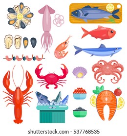 Sea food vector illustration deep animals meals. Traditional asia seafood kit?hen cooking recipe. Restaurant menu animals elements