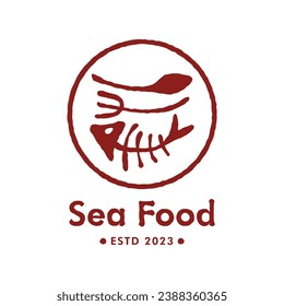 Sea food vintage logo with fish bone illustration , emblem logo, badge logo