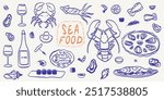 Sea Food with white wine with glasses doodle line art Illustration for placard, poster, menu and package design . Hand Drawn oysters, mussels, shrimps, octopus vector ink, crayon or chalk drawing.