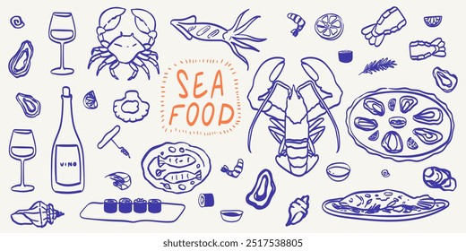 Sea Food with white wine with glasses doodle line art Illustration for placard, poster, menu and package design . Hand Drawn oysters, mussels, shrimps, octopus vector ink, crayon or chalk drawing.