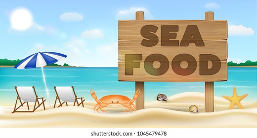 sea food wood board sign on sea sand beach