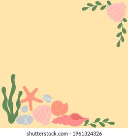 Sea frame.  Catoon seashell, starfish, stone and branch