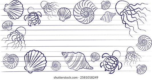 Sea frame drawn in blue pen jellyfish shells turtle notebook lines. Background for a postcard or web design