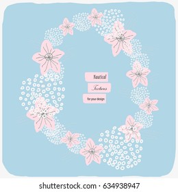 Sea frame with hand drawn corals and starfishes. Vector illustration in pastel blue and salmon colors for cards, posters, banners, wedding invitations, bridal showers, postcards, wrapping, etc.