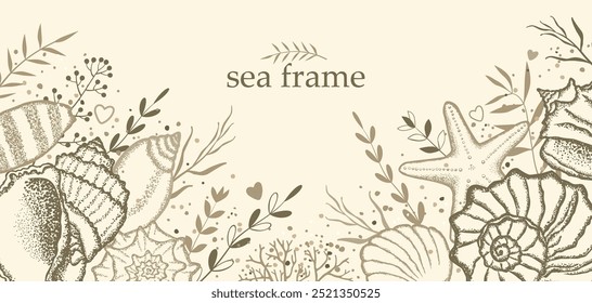 Marco de mar con conchas y algas en tonos beige. Elementos decorativos en un estilo marino. Plantilla para tarjetas, invitaciones u otros. Ilustración vectorial.