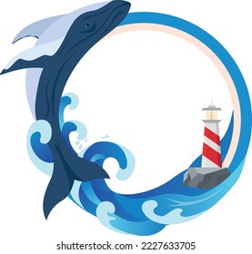 Marco marino con ballena y faro. Ilustración vectorial.