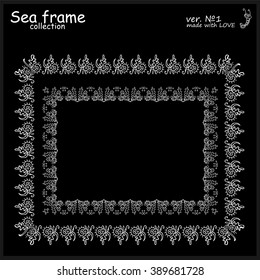 Sea frames collection. Vector doodle hand drawn frames, decorative nature set of elements for design. Seaweed, coral, leaf, shell. Black and white color, sketch vintage borders 