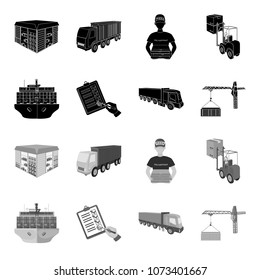 Sea freight, signature of delivery documents, truck, tower crane with a container. Logistics and delivery set collection icons in black,monochrome style isometric vector symbol stock illustration web.